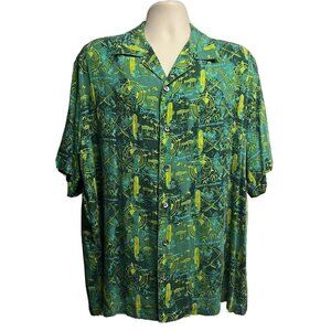 Vintage Disneyland Resort Green Tiki Hawaiian Button Front Shirt XL Pocket USA